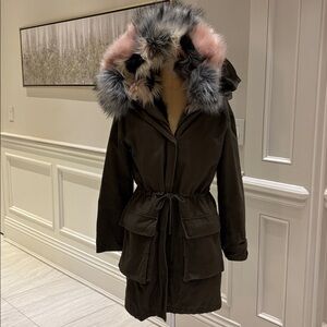 Olive green pink fur parka jacket